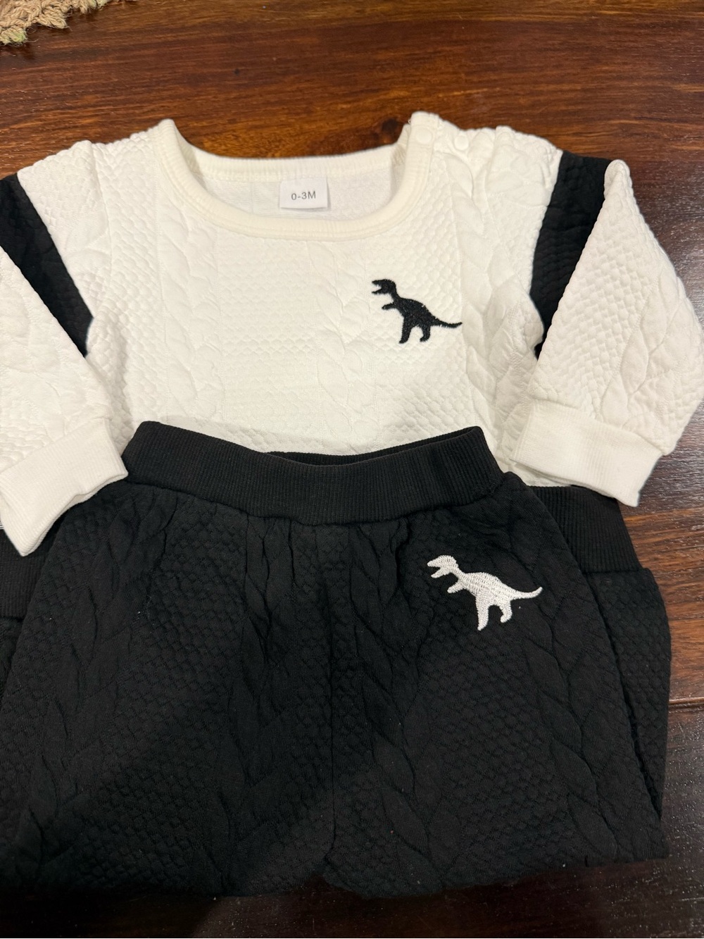 Baby Two-Piece Knit Set with Dinosaur Embroidery - Black & White 0-3 months